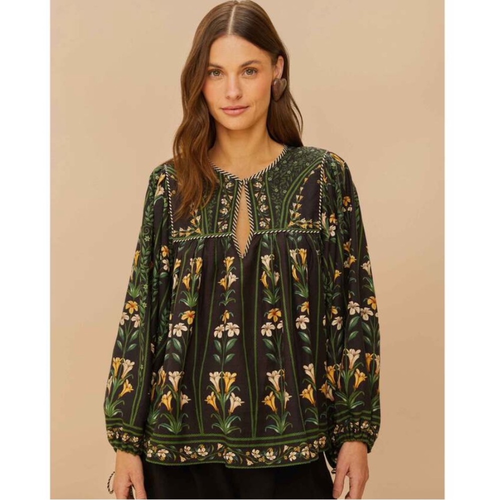 NWT Farm Rio Black Flowers Euroflax Blouse